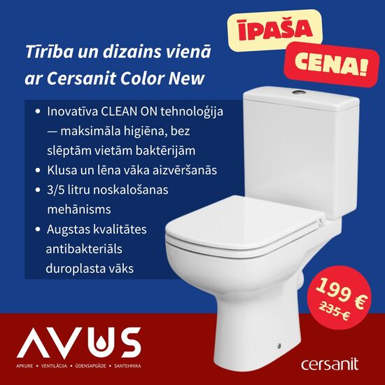 Cersanit Color New Clean On pods ar Soft Close un Easy Off vāku, 3/5 litru noskalošanu, horizontāls izvads un 3/8" sānu ūdens pievadu, balts